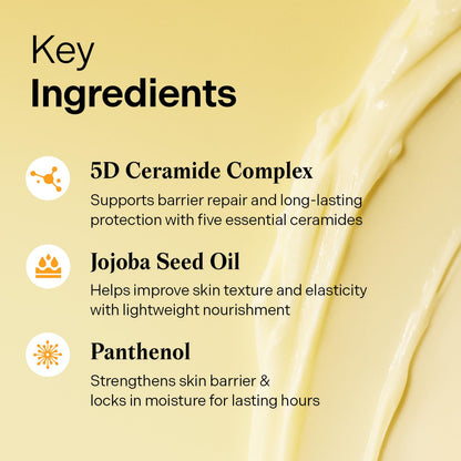 Key ingredients of skincare product with 5D Ceramide Complex, Jojoba Seed Oil, and Panthenol on a beige background.