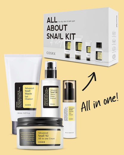 Cosrx snail kit with various skincare products on a yellow background