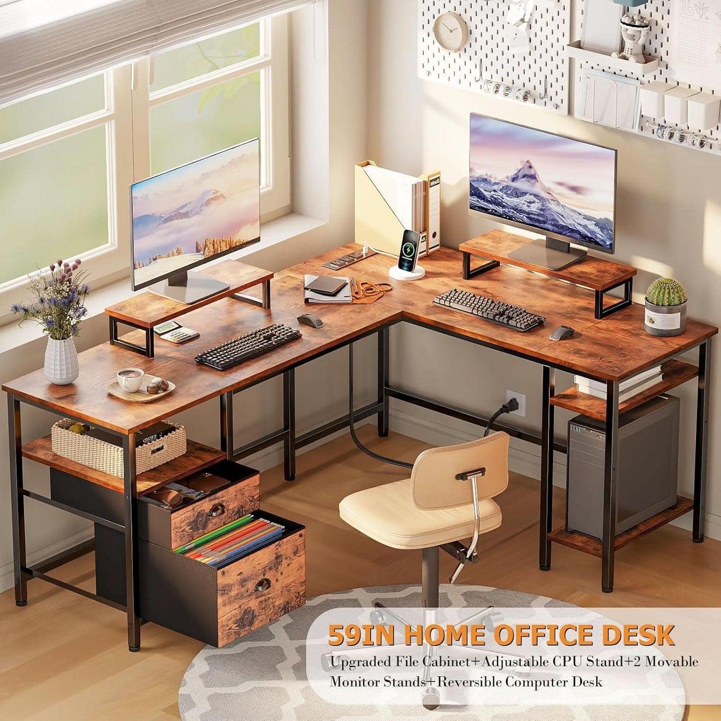 Fifty Nine Inch L Shaped Desk With Power Outlet And Storage Shelves