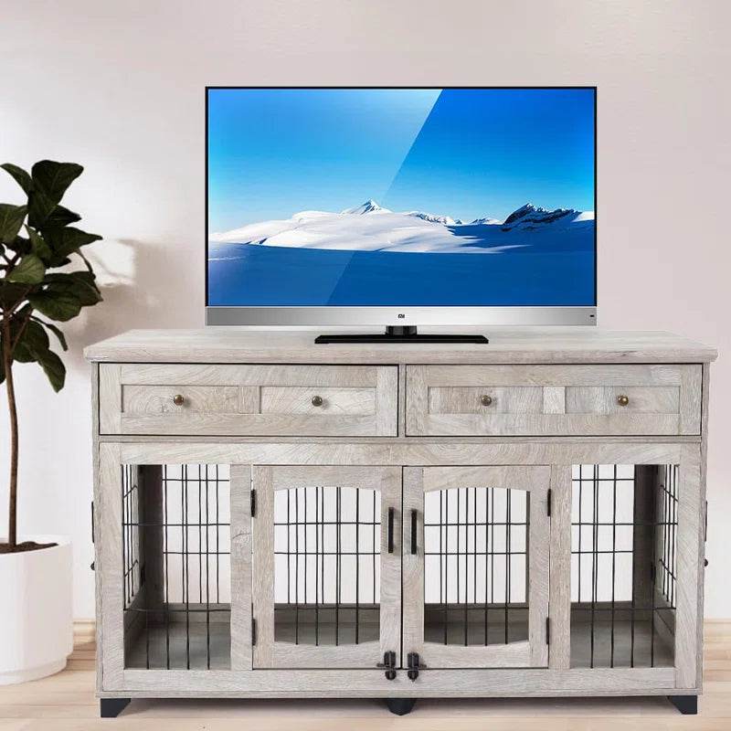 TV on a wooden stand with pet crate doors