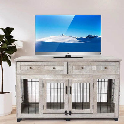 TV on a wooden stand with pet crate doors