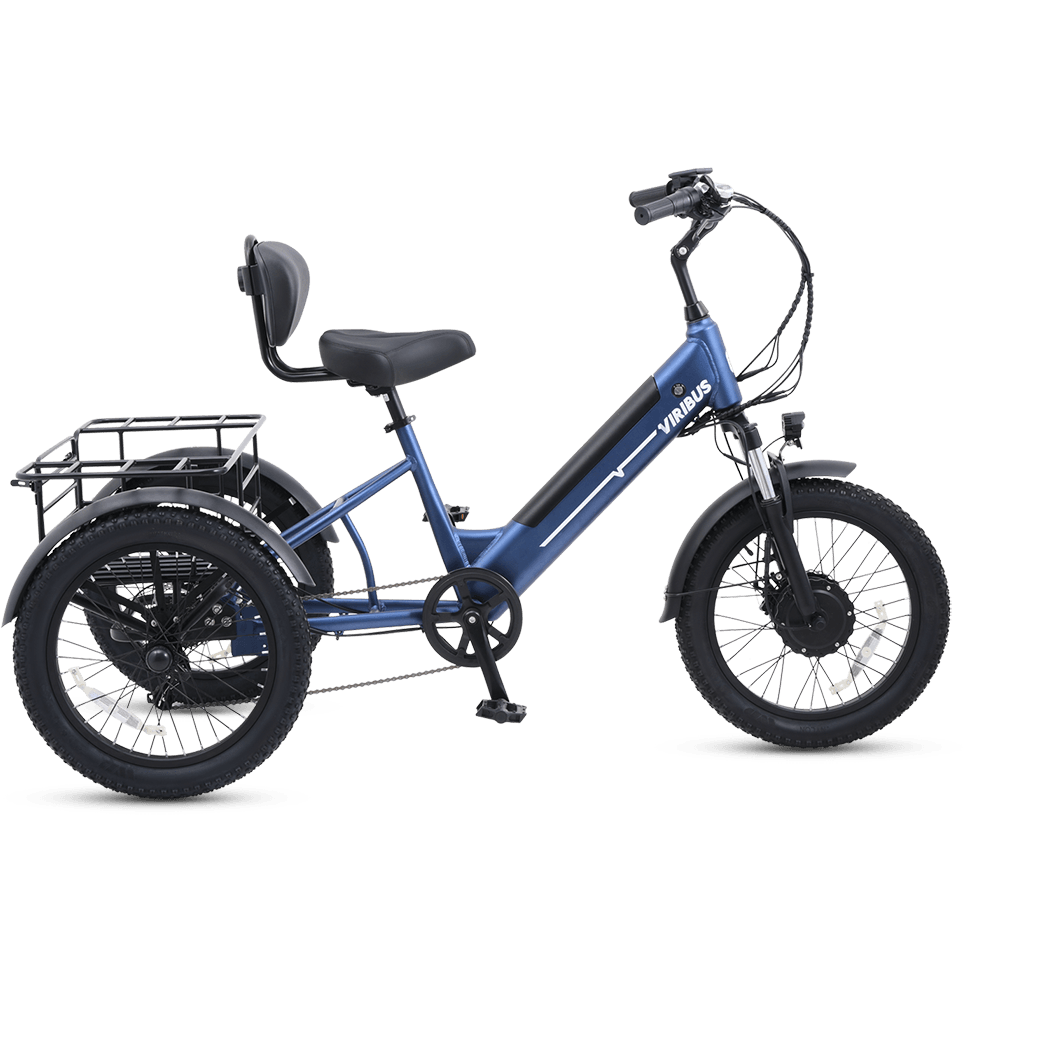 Blue electric tricycle with a seat and basket on a transparent background