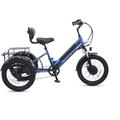 Blue electric tricycle with a seat and basket on a transparent background