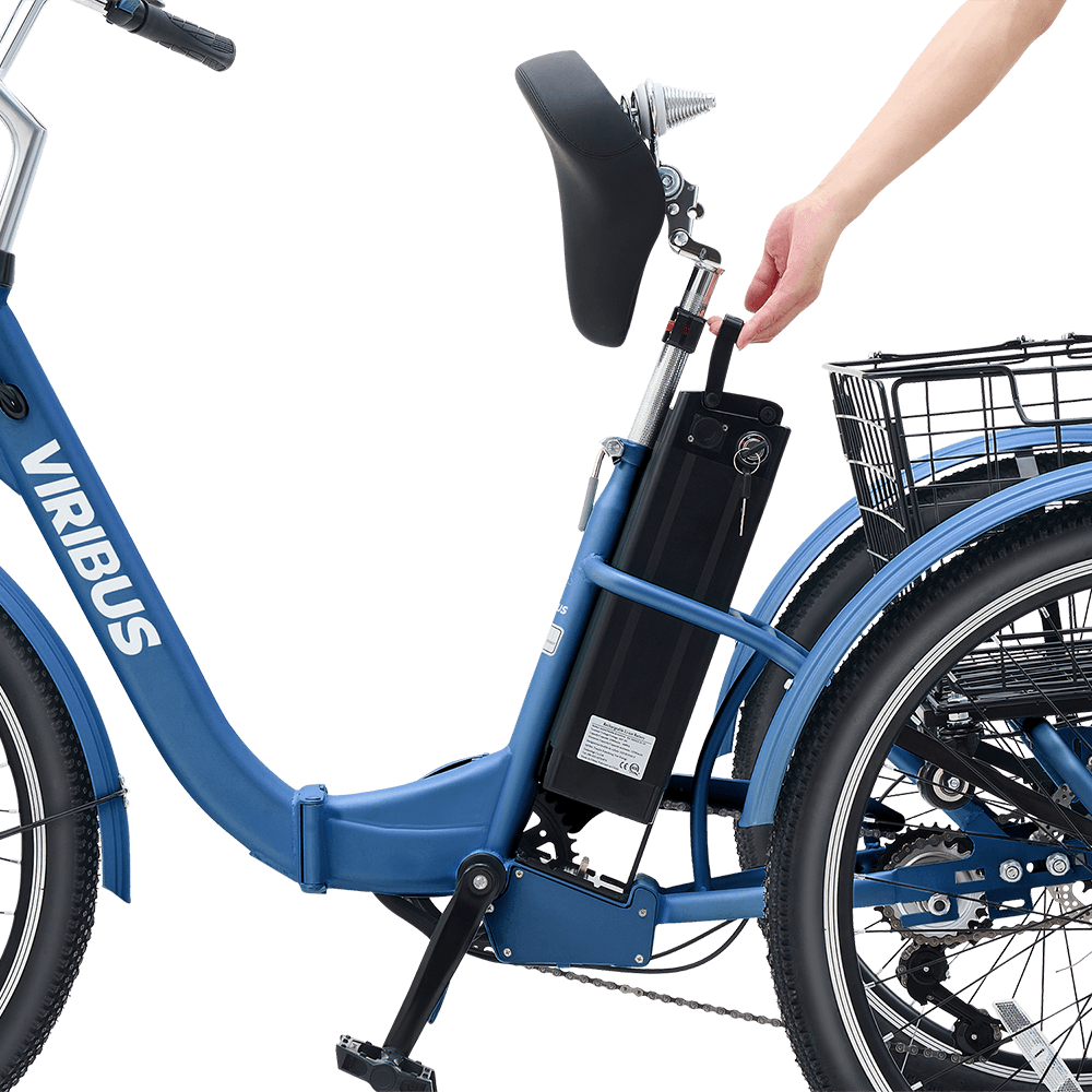 Blue Viribus electric bike with a hand interacting with the battery pack on a black background