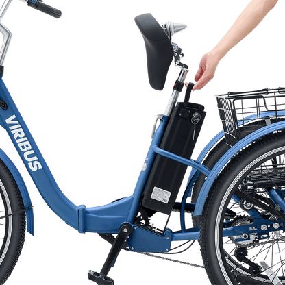 Blue Viribus electric bike with a hand interacting with the battery pack on a black background