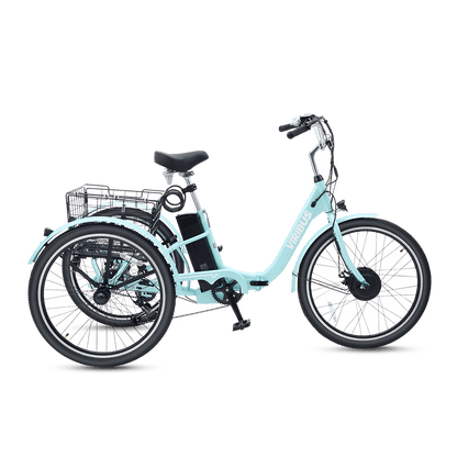 Light blue tricycle with a clear plastic container on a black background