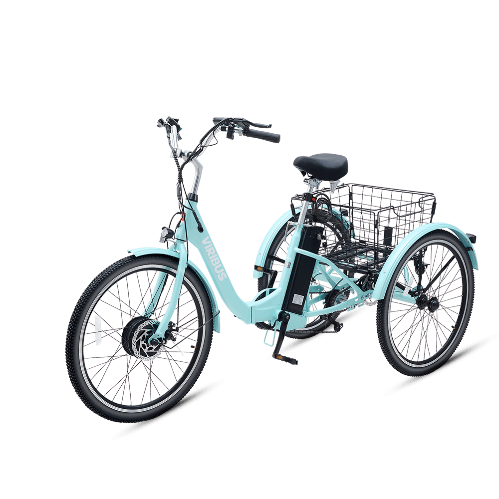 Light blue tricycle with a basket on a transparent background