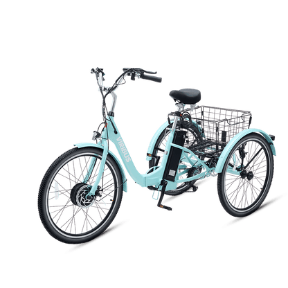 Light blue tricycle with a basket on a transparent background