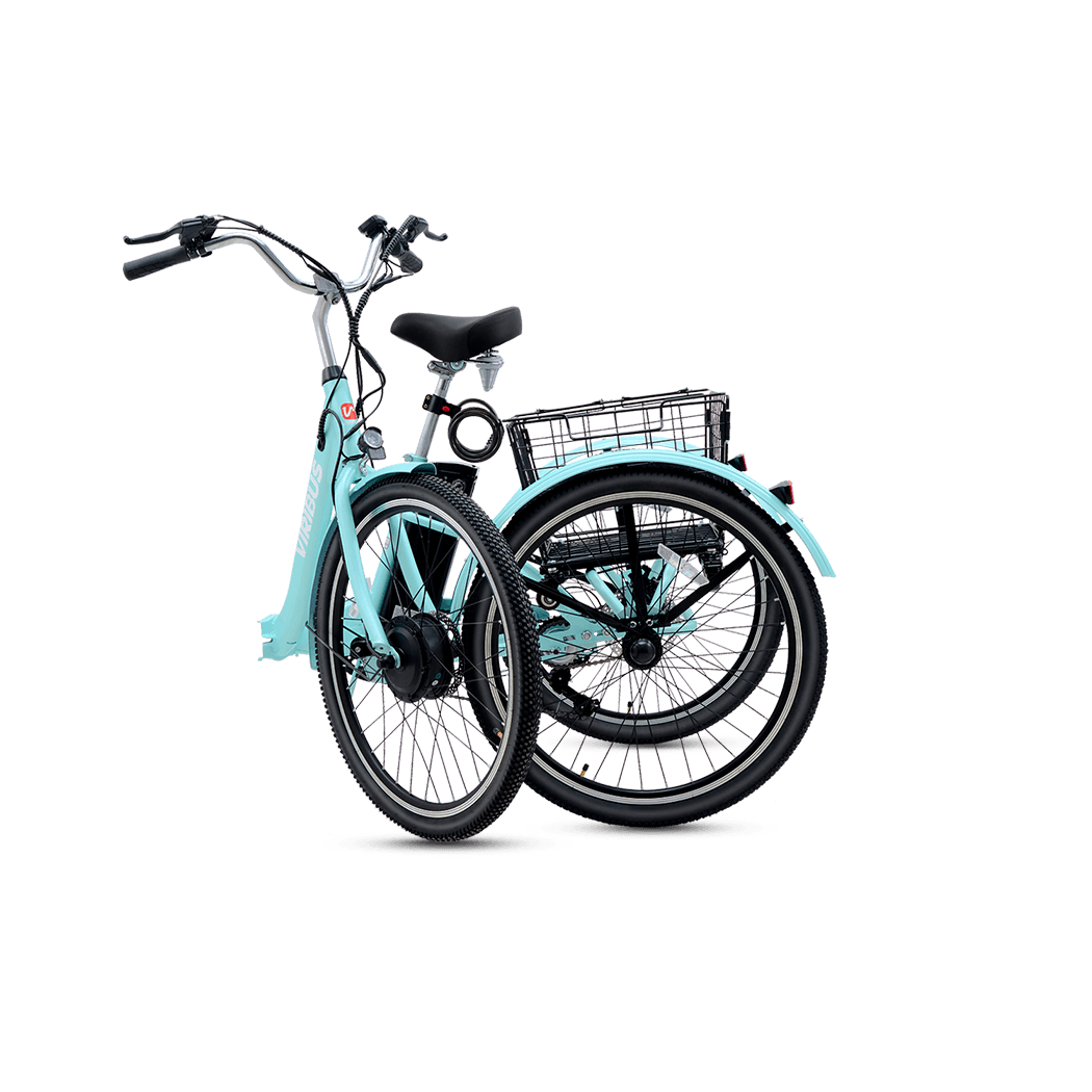 Teal bicycle with a basket on a black background