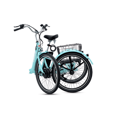 Teal bicycle with a basket on a black background