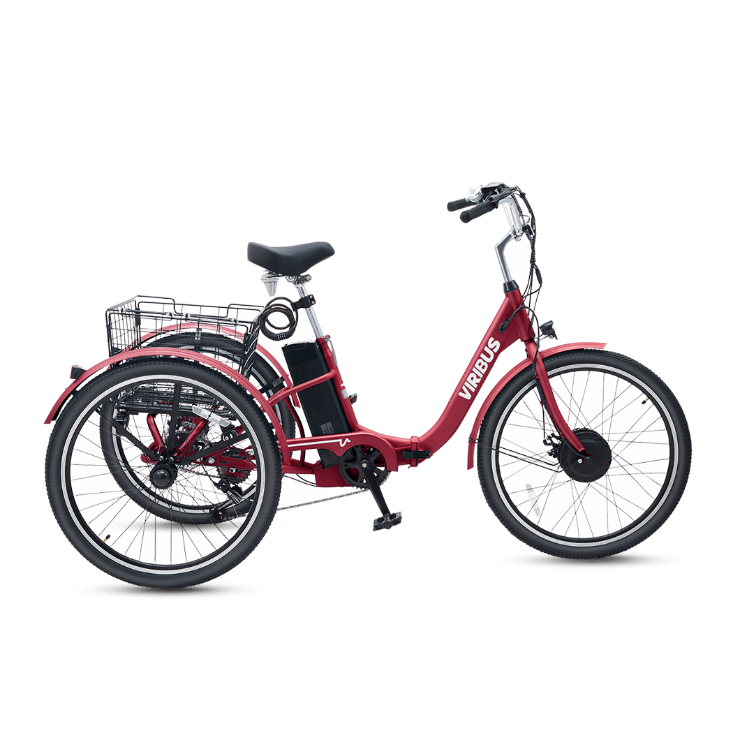 Red electric tricycle with 'Vivid' branding on a black background