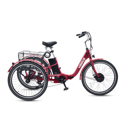 Red electric tricycle with 'Vivid' branding on a black background