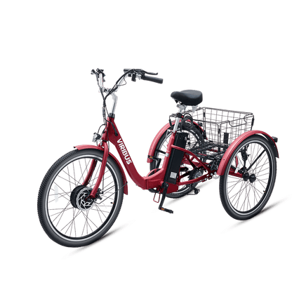 Red tricycle with a basket on a black background