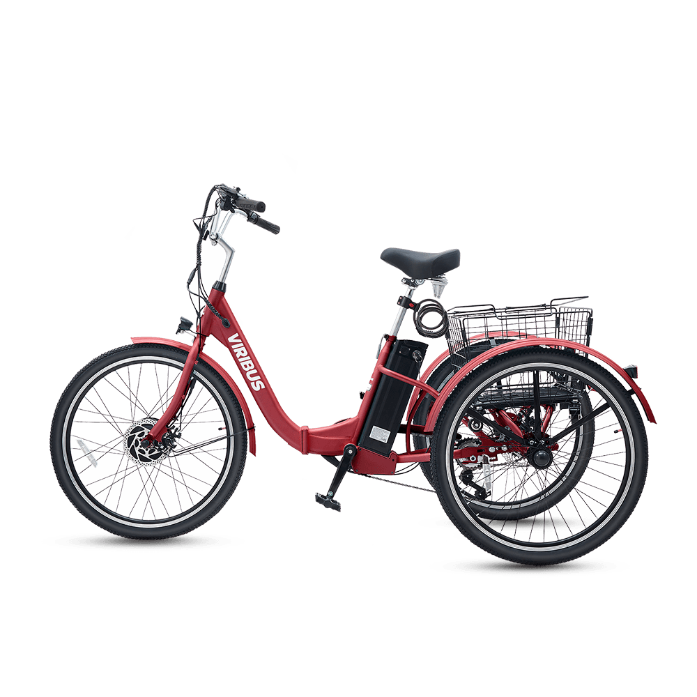 Red electric tricycle with visible branding on a black background