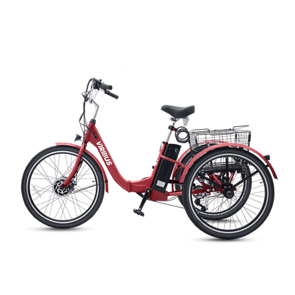 Red electric tricycle with visible branding on a black background