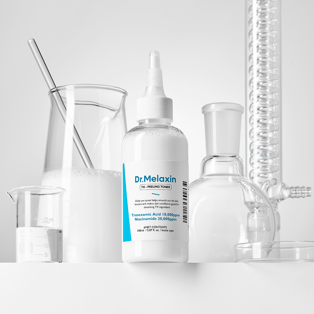 Dr. Melaxin skincare product with laboratory glassware in the background