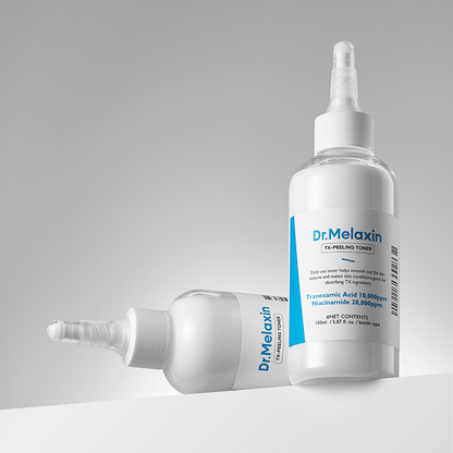 Two bottles of Dr. Melanax TX-Peeling Toner on a gray background