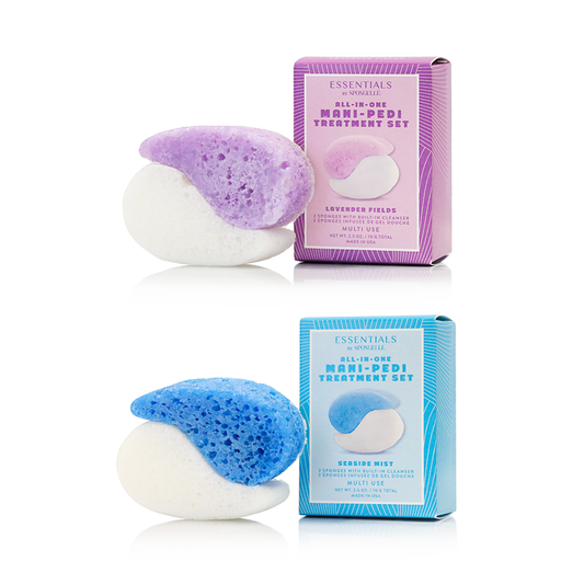 Two exfoliating sets with sponges and packaging on a white background