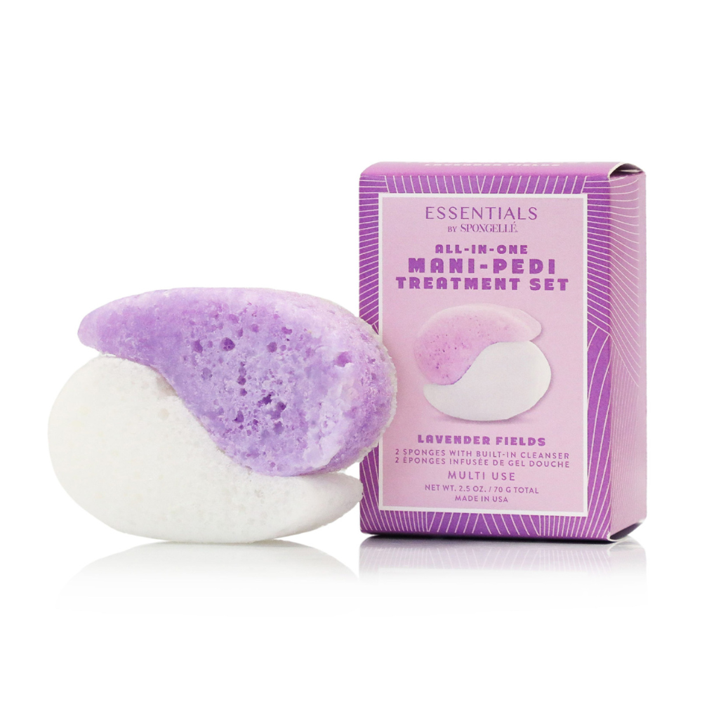 Mani-pedi treatment set with lavender fields theme on a white background