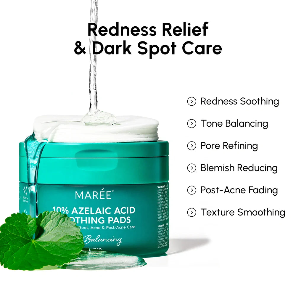 Maree 10% Azelaic Acid soothing pads with green leaf on a white background