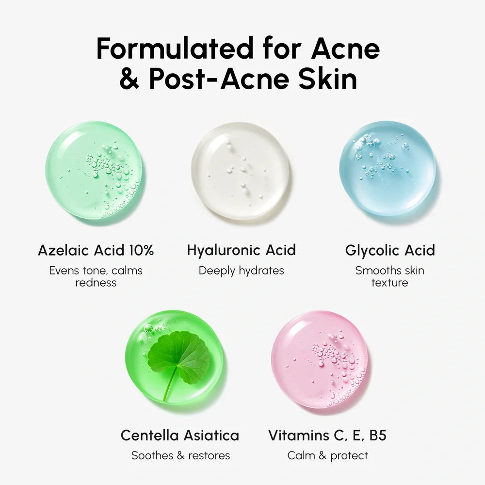 Skincare product droplets with their respective benefits on a white background