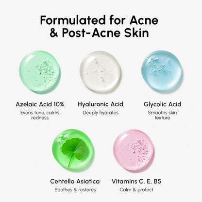 Skincare product droplets with their respective benefits on a white background