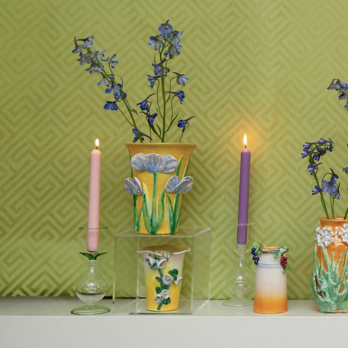 Blue Flowers Design Yellow Vase