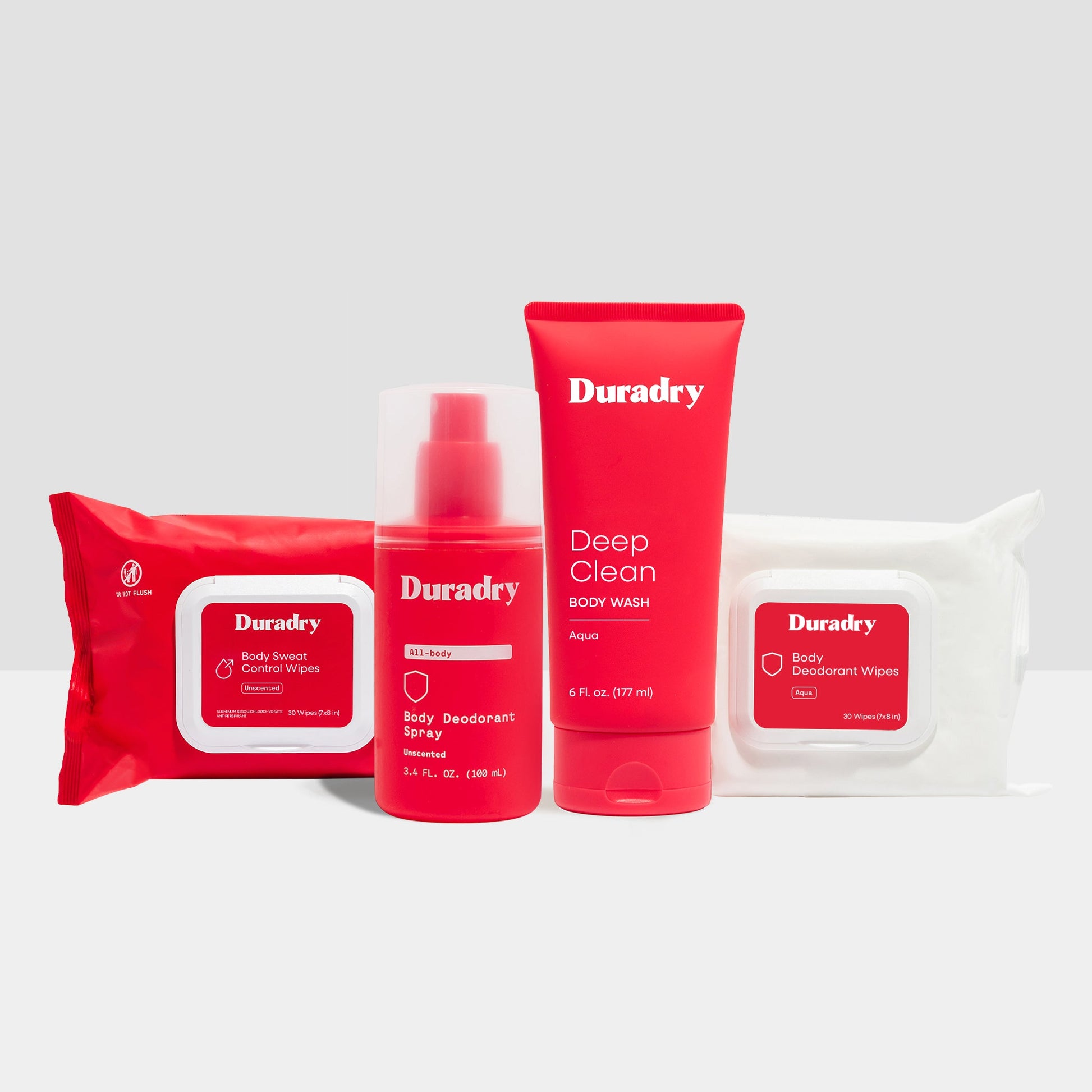 Duradry skincare products including wipes, spray, and body wash on a white background