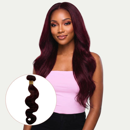 Woman with long burgundy hair and a close-up of hair extensions on a white background