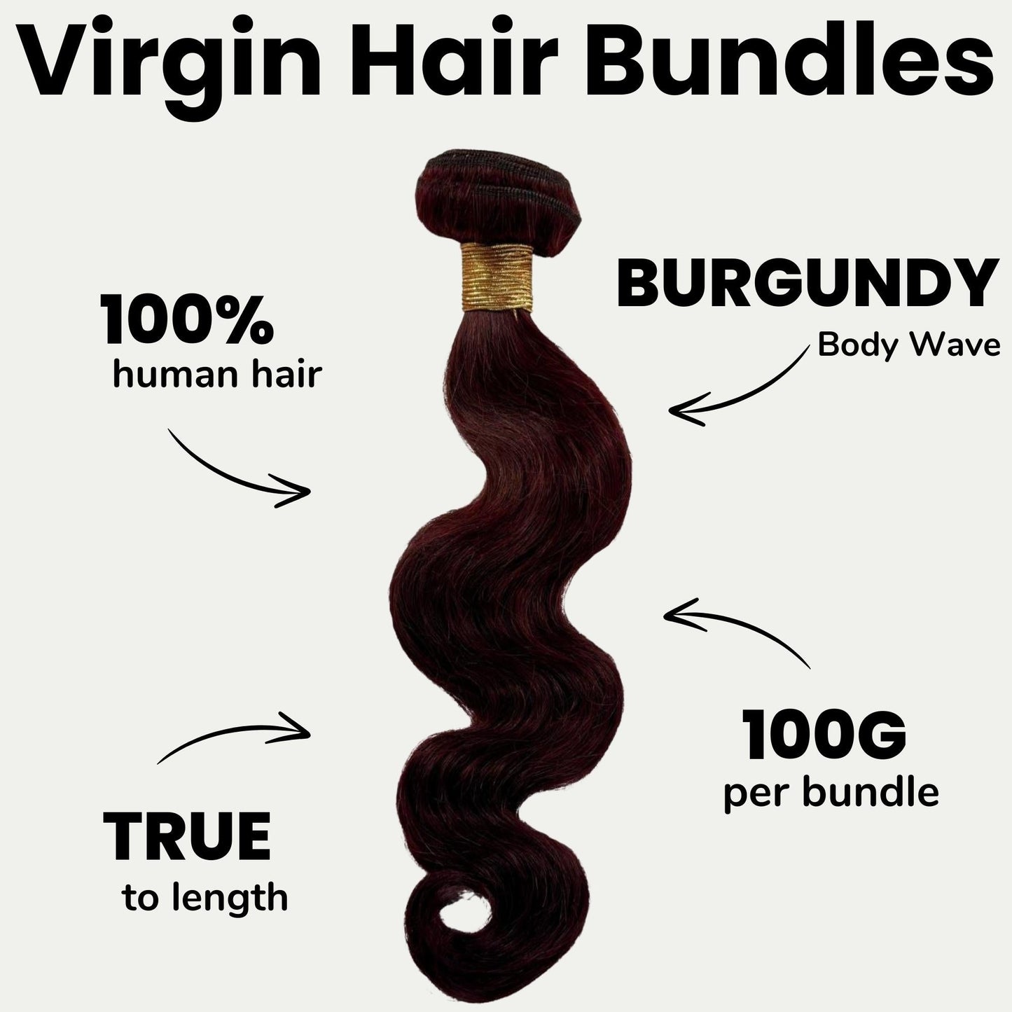 Burgundy hair bundle with text highlighting features on a white background