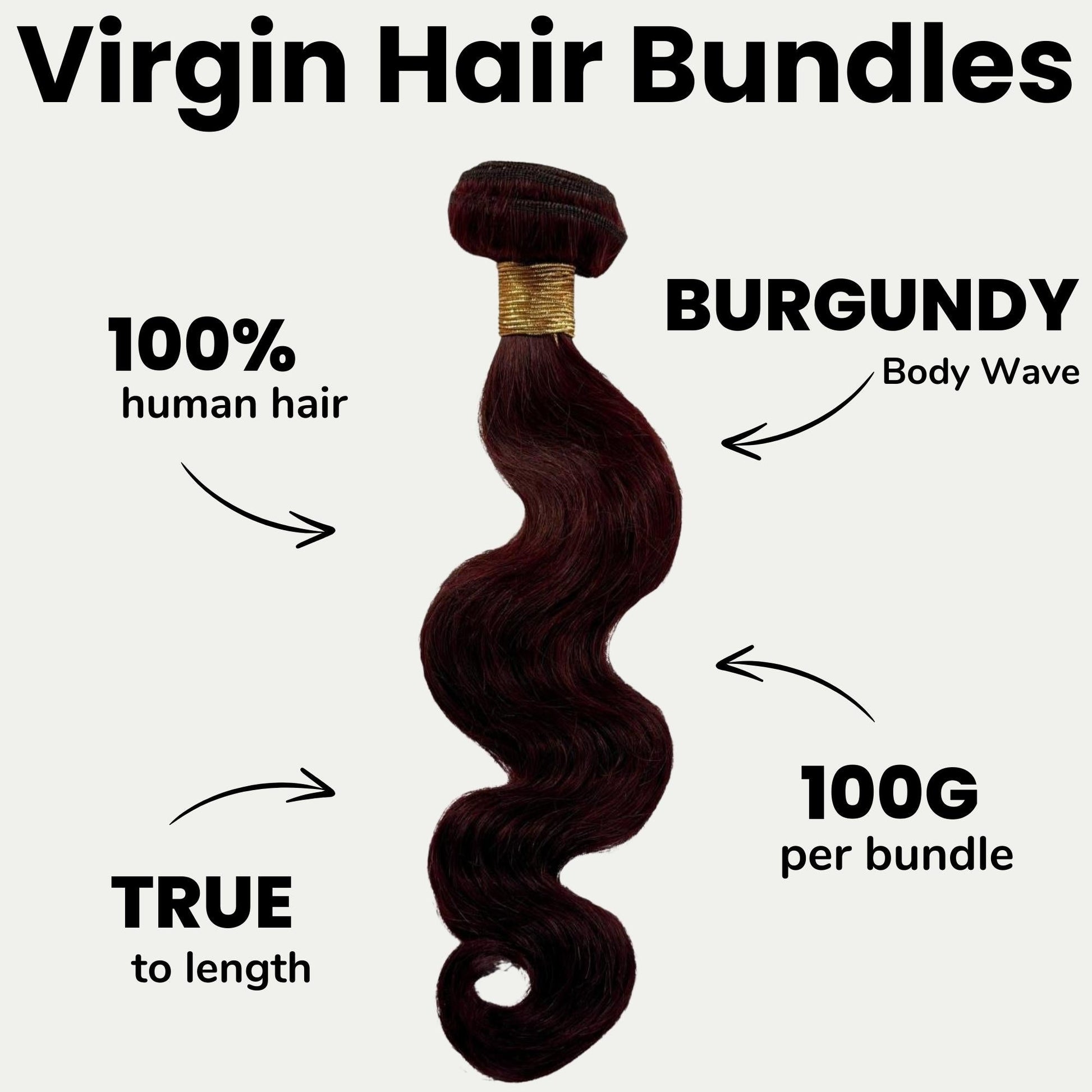 Burgundy hair bundle with text highlighting features on a white background