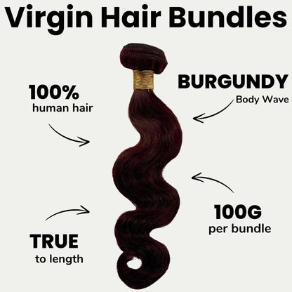 Burgundy hair bundle with text highlighting features on a white background