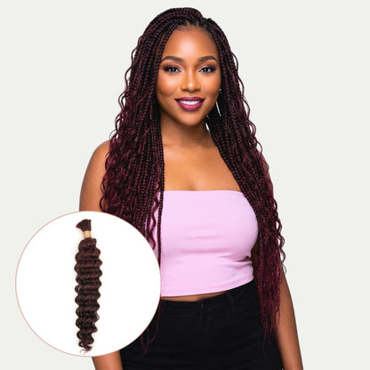 Woman with styled hair and a close-up of a hair extension on a white background