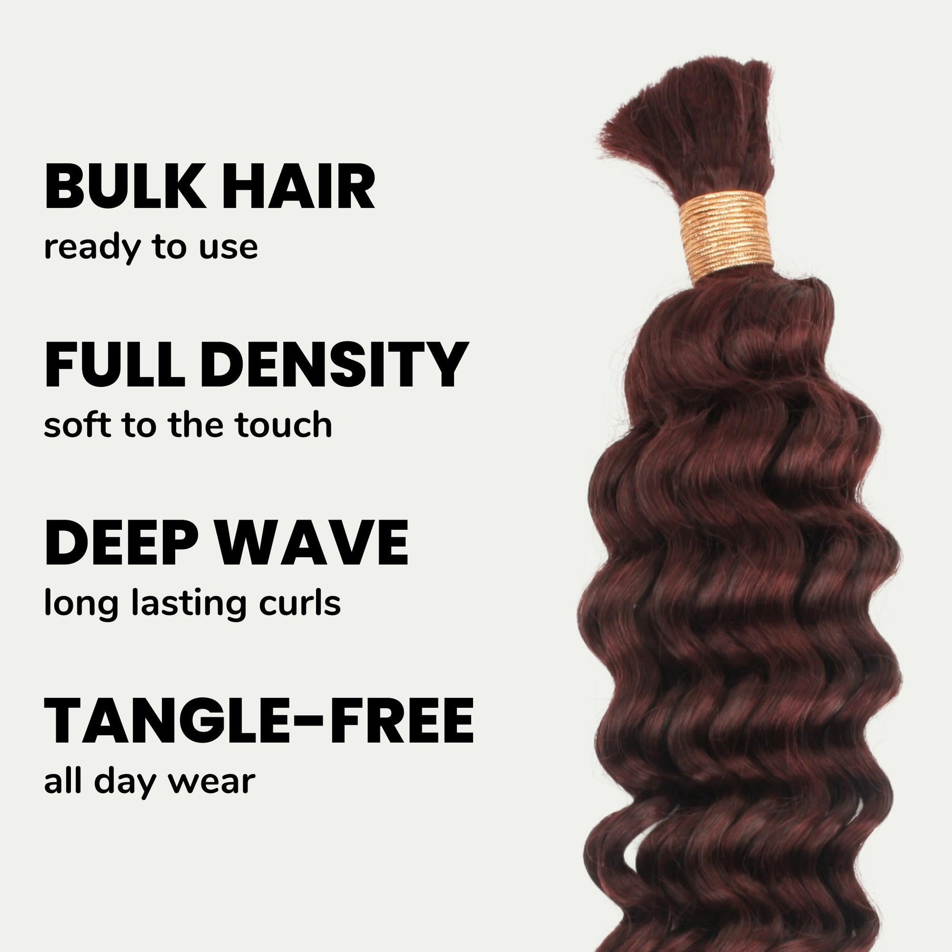 Hair bundle with deep wave texture on a white background, featuring text describing product features.