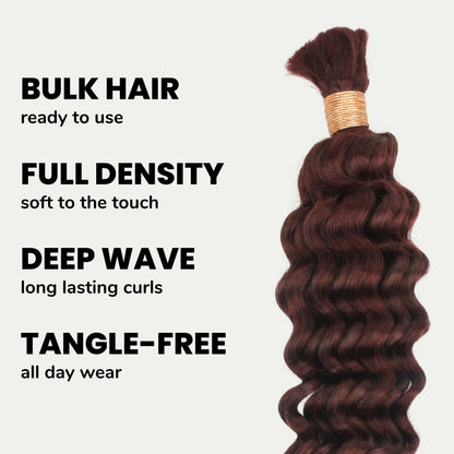 Hair bundle with deep wave texture on a white background, featuring text describing product features.