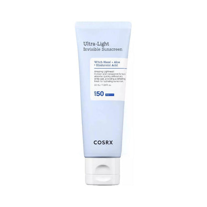 Cosrx ultra-light invisible sunscreen tube on a white background