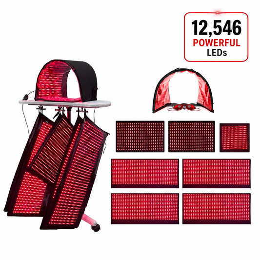 Full Body Red Light Therapy System 12,690 LED's in System. Includes 4 Pads 11" X 27", 2 Pads 11' X 16", 1 Face Dome, 1 Chin Pad