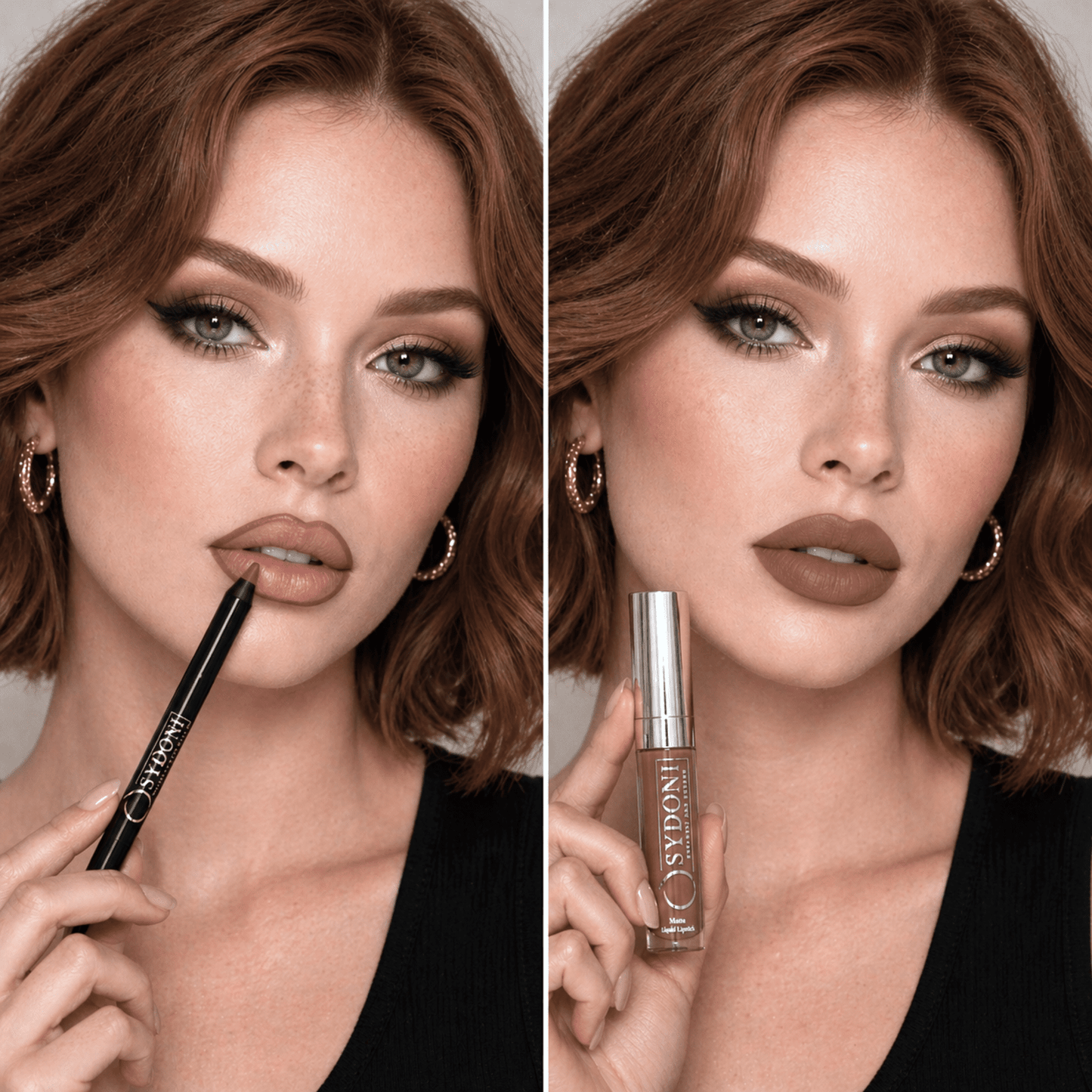 Woman holding a lip liner and lipstick, with close-up of products.