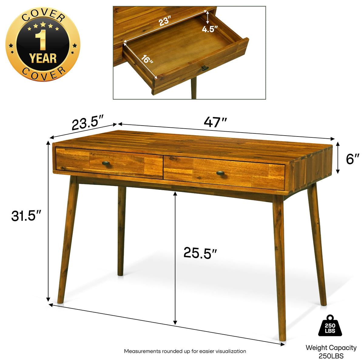 Acacia Lagom 48" Solid Wood Work Desk with Drawers for Functional Home Office