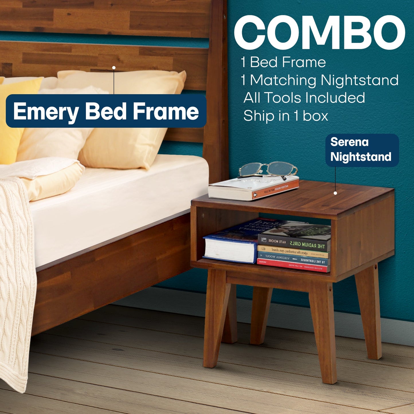 Emery Solid Wood Bed Frame & Nightstand Furniture Bundle