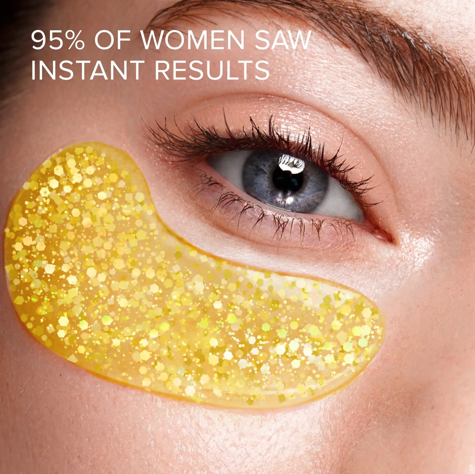 Close-up of a woman's eye with a yellow gel patch under her eye, text indicating instant results.
