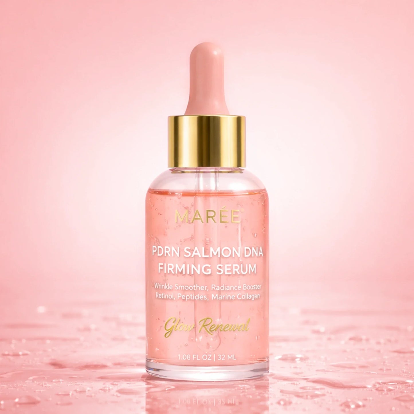 Skincare serum bottle with pink liquid on a pink background