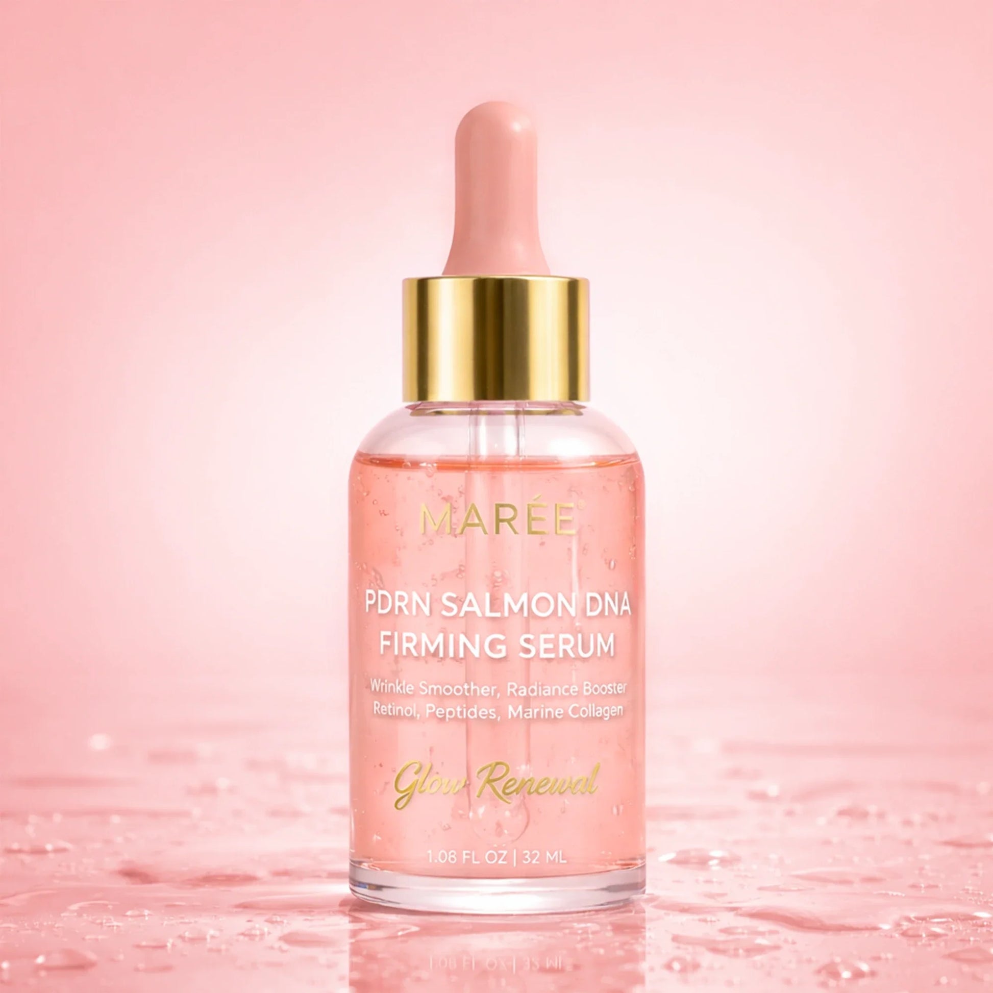 Skincare serum bottle with pink liquid on a pink background