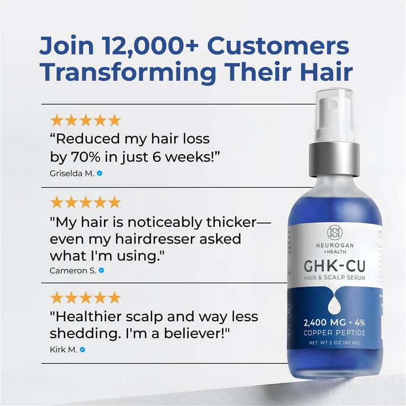 Hair serum bottle with customer testimonials on a light gray background