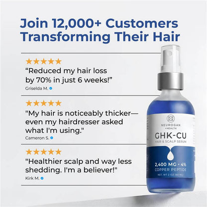 Hair serum bottle with customer testimonials on a light gray background