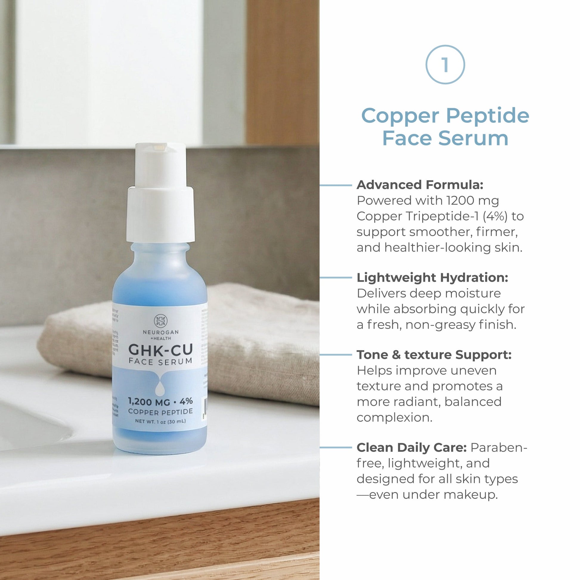 Copper Peptide Face Serum bottle on a bathroom counter with product details.