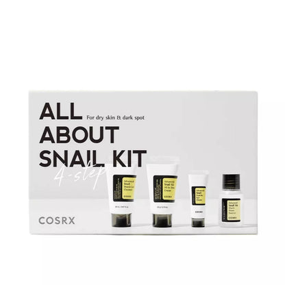 Cosrx snail kit packaging with four small bottles on a white background