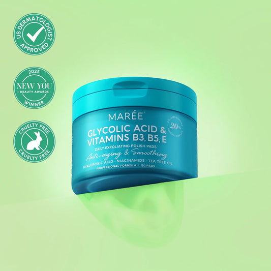 Blue jar of Maree skincare product on a green background with approval badges.