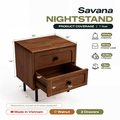Savana Solid Wood 2-Drawer Nightstand