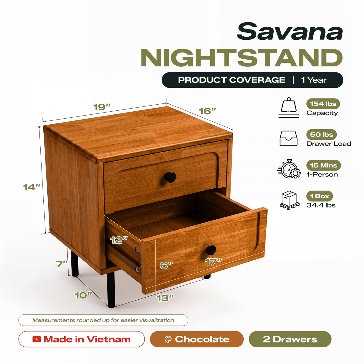 Savana Solid Wood 2-Drawer Nightstand